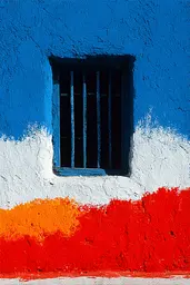 Midjourney generated image using SREF code Sootflare: A blue and red wall with a window in it.