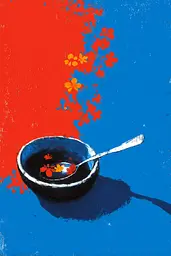 Midjourney generated image using SREF code Sootflare: A bowl of soup with a spoon in it.