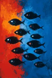 Midjourney generated image using SREF code Sootflare: A painting of a group of fish on a blue and red background.