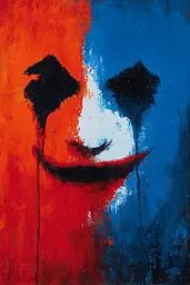 Midjourney generated image using SREF code Sootflare: A painting of a joker's face on a red and blue background.