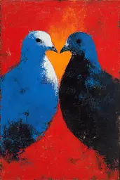 Midjourney generated image using SREF code Sootflare: A painting of two blue doves on a red background.
