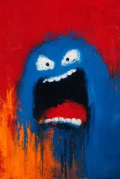 Midjourney generated image using SREF code Sootflare: A painting of a blue monster with a big smile on his face.