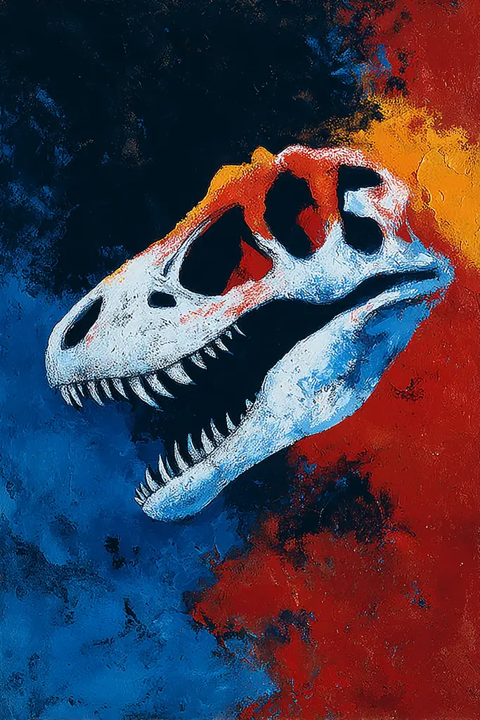 Midjourney generated image using SREF code Sootflare: A painting of a t-rex skull on a colorful background.