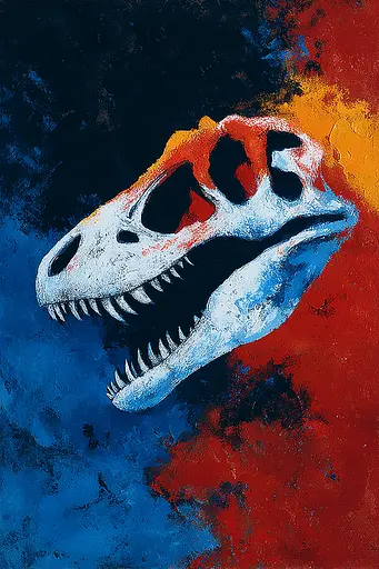 Midjourney generated image using SREF code Sootflare: A painting of a t-rex skull on a colorful background.