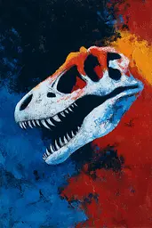 Midjourney generated image using SREF code Sootflare: A painting of a t-rex skull on a colorful background.