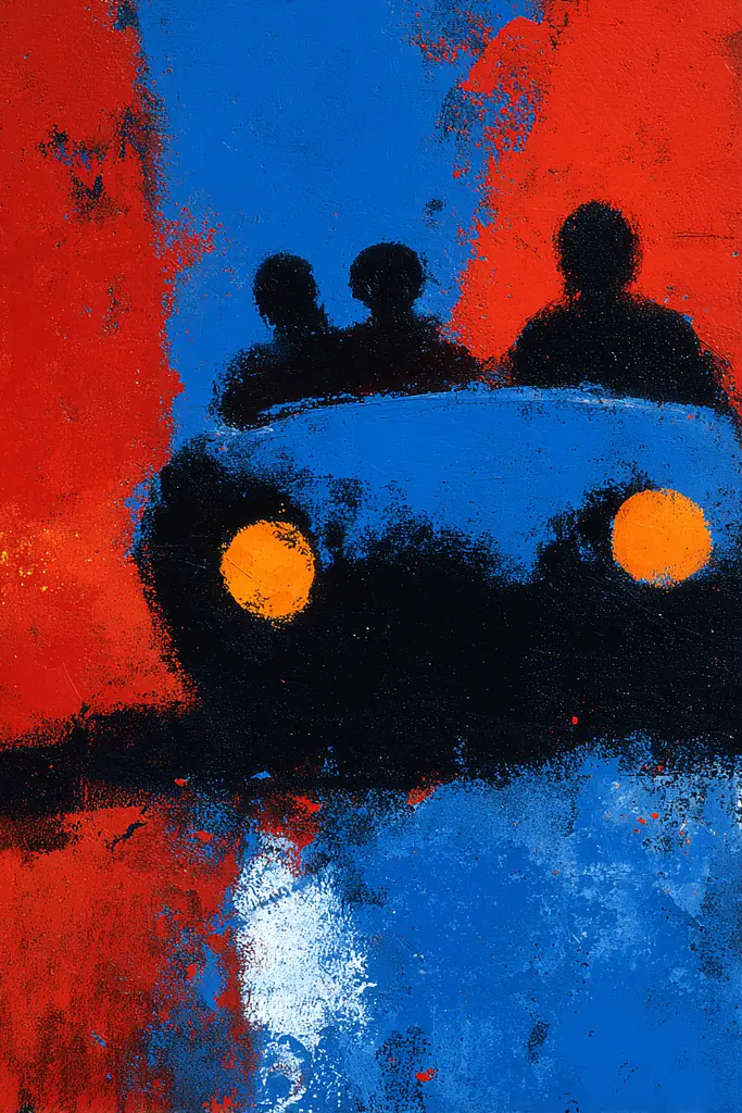Midjourney generated image using SREF code Sootflare: A painting of three people sitting in a car.