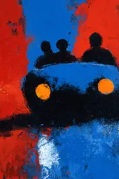 Midjourney generated image using SREF code Sootflare: A painting of three people sitting in a car.