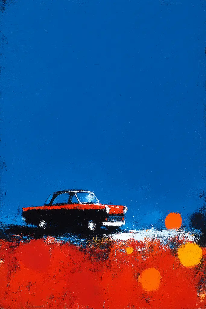 Midjourney generated image using SREF code Sootflare: A painting of a red car on a blue background.
