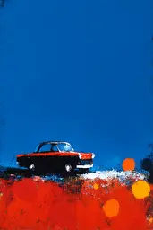 Midjourney generated image using SREF code Sootflare: A painting of a red car on a blue background.