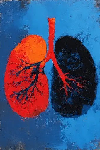 Midjourney generated image using SREF code Sootflare: A painting of two lungs on a blue background.