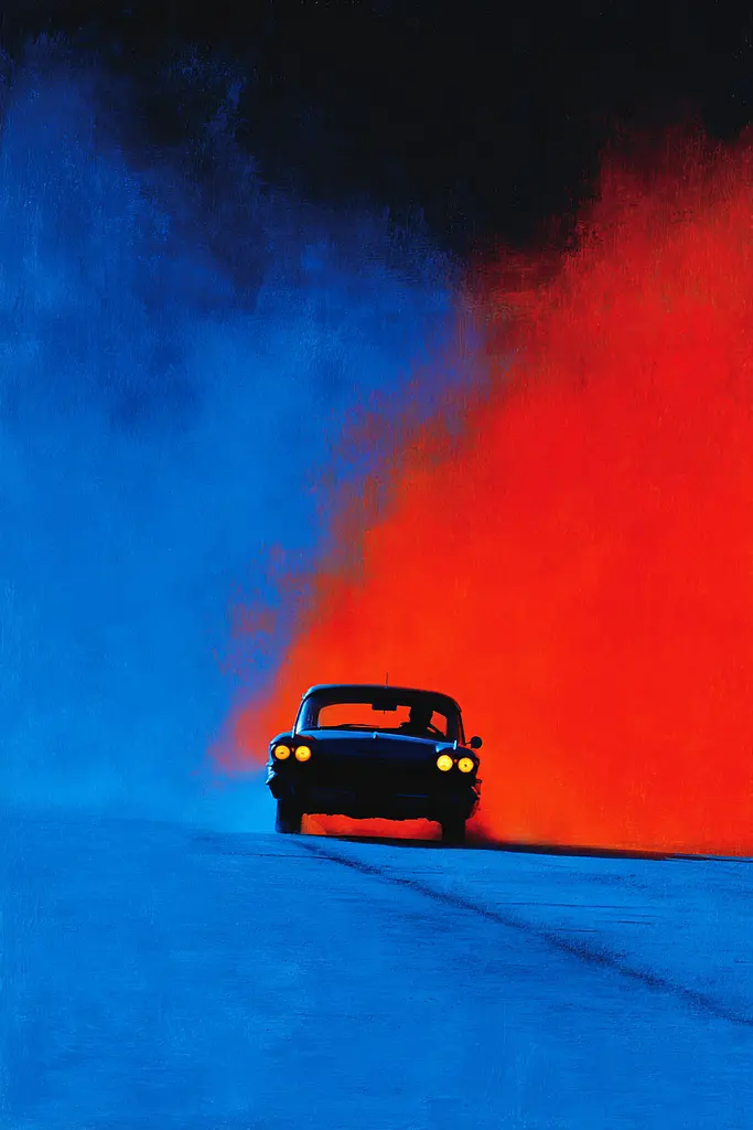Midjourney generated image using SREF code Sootflare: A car driving down a road with smoke coming out of it.