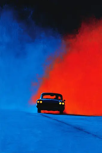 Midjourney generated image using SREF code Sootflare: A car driving down a road with smoke coming out of it.