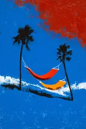 Midjourney generated image using SREF code Sootflare: A painting of two hammocks and palm trees on a beach.