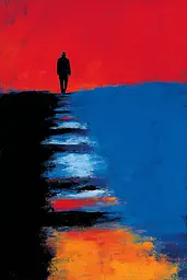 Midjourney generated image using SREF code Sootflare: A painting of a man walking down a path.