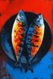 Midjourney generated image using SREF code Sootflare: A painting of two fish on a black plate.