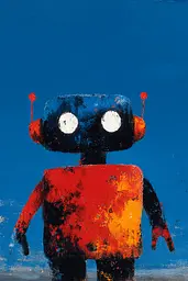 Midjourney generated image using SREF code Sootflare: A painting of a red and blue robot on a blue background.