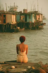 Midjourney generated image using SREF code Coppermuse: A woman sitting on a dock looking out at the water.