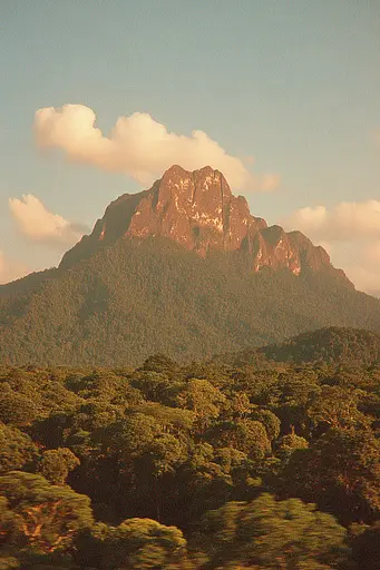 Midjourney generated image using SREF code Coppermuse: A view of a mountain with trees in the foreground.