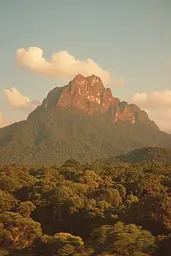 Midjourney generated image using SREF code Coppermuse: A view of a mountain with trees in the foreground.