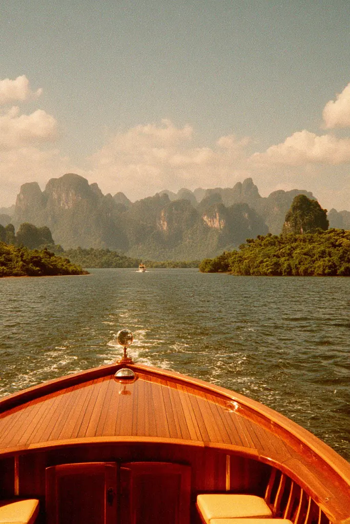 Midjourney generated image using SREF code Coppermuse: A wooden boat traveling down a river with mountains in the background.