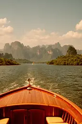 Midjourney generated image using SREF code Coppermuse: A wooden boat traveling down a river with mountains in the background.