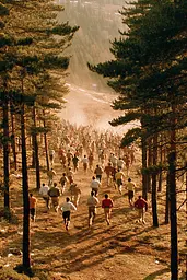 Midjourney generated image using SREF code Coppermuse: A large group of people running through a forest.