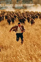 Midjourney generated image using SREF code Coppermuse: A man running through a field of tall grass.