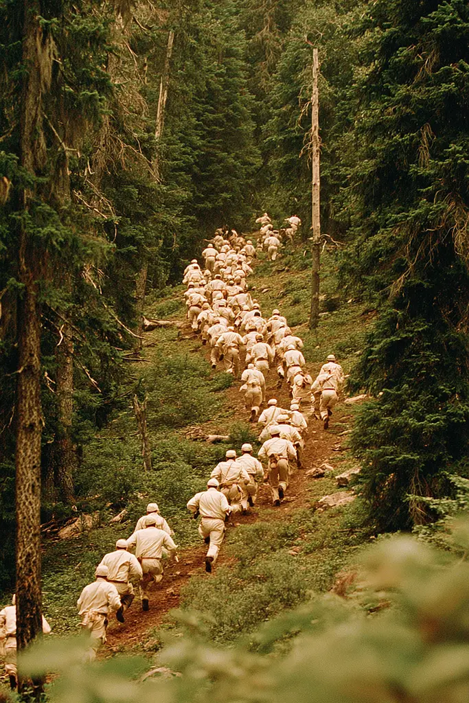 Midjourney generated image using SREF code Coppermuse: A group of soldiers walking down a trail in the woods.
