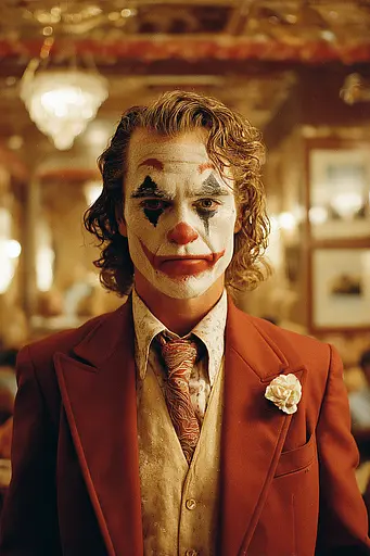 Midjourney generated image using SREF code Coppermuse: A man in a red suit with a clown face paint.