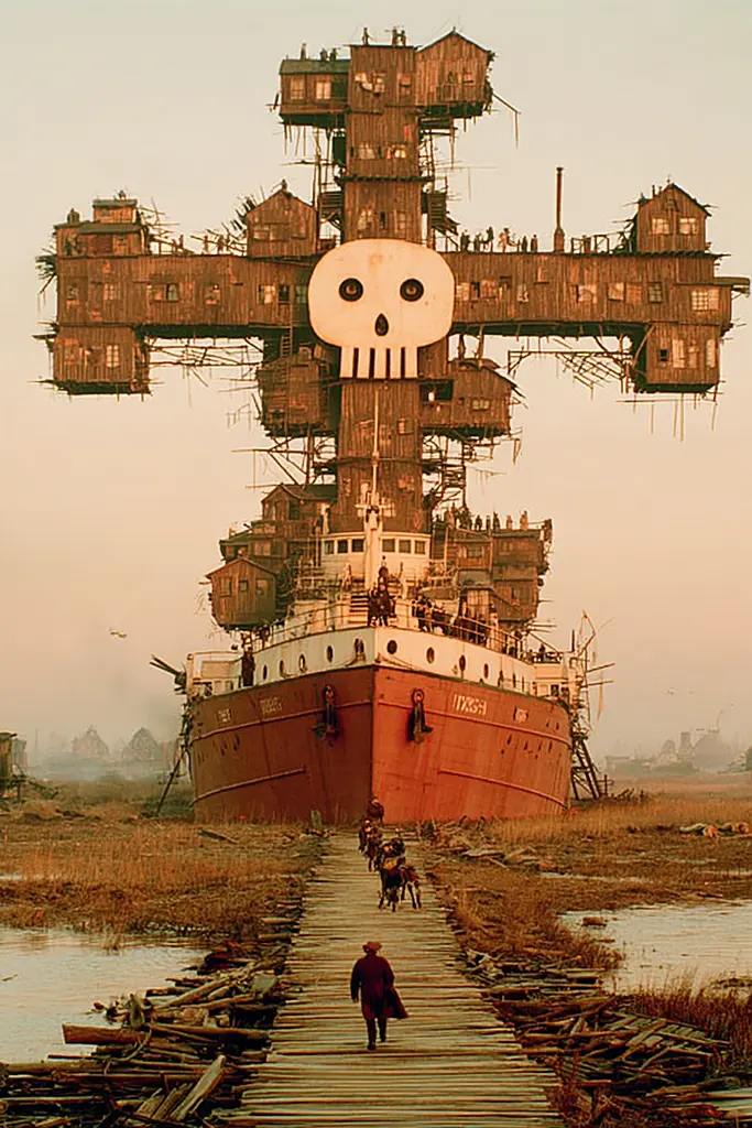 Midjourney generated image using SREF code Coppermuse: A man walking on a boardwalk next to a large ship.
