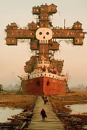 Midjourney generated image using SREF code Coppermuse: A man walking on a boardwalk next to a large ship.