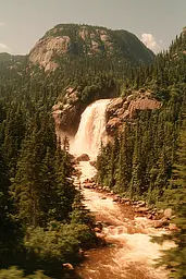 Midjourney generated image using SREF code Coppermuse: A large waterfall in the middle of a forest.