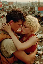 Midjourney generated image using SREF code Coppermuse: A man and a woman hugging in the middle of a city.