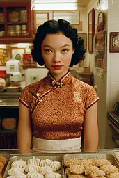 Midjourney generated image using SREF code Coppermuse: A woman standing in front of a counter filled with cookies.