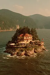 Midjourney generated image using SREF code Coppermuse: A house on a small island in the middle of the ocean.