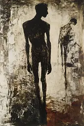 Midjourney generated image using SREF code Lurking Visions: A painting of a man standing in front of a wall.