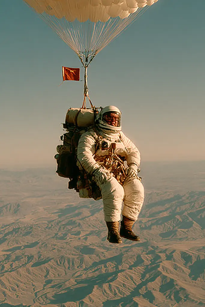 Midjourney generated image using SREF code Coppermuse: A man in a space suit is flying with a parachute.
