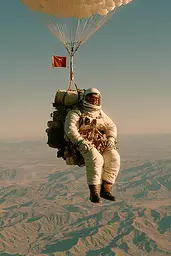 Midjourney generated image using SREF code Coppermuse: A man in a space suit is flying with a parachute.