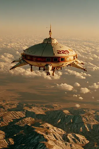 Midjourney generated image using SREF code Coppermuse: A spaceship flying over a mountain range in the sky.