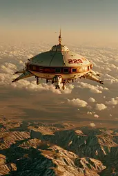 Midjourney generated image using SREF code Coppermuse: A spaceship flying over a mountain range in the sky.