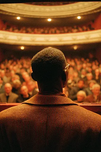 Midjourney generated image using SREF code Coppermuse: A man standing in front of a large crowd of people.