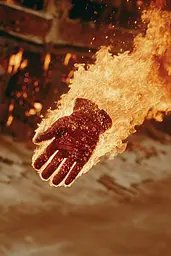 Midjourney generated image using SREF code Coppermuse: A pair of gloves that are on fire in the air.