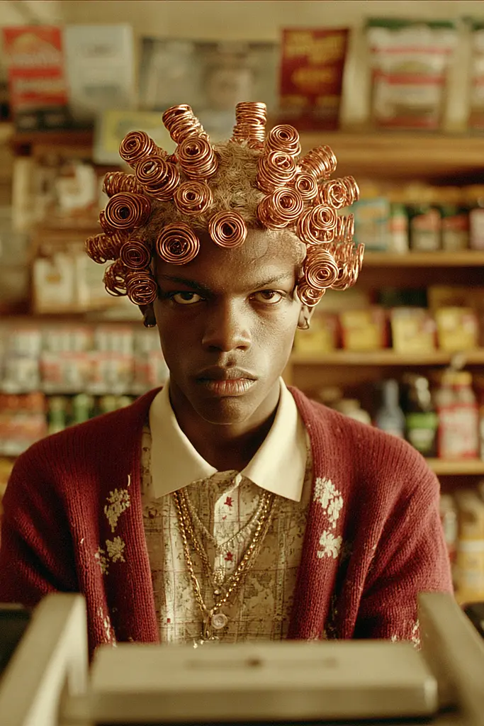 Midjourney generated image using SREF code Coppermuse: A man with curlers on his head in a store.