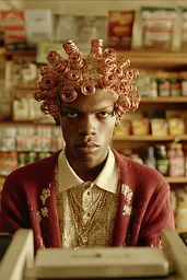 Midjourney generated image using SREF code Coppermuse: A man with curlers on his head in a store.