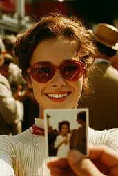 Midjourney generated image using SREF code Coppermuse: A woman holding up a photo of herself in sunglasses.