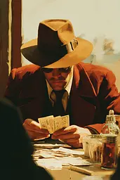 Midjourney generated image using SREF code Coppermuse: A man in a hat and sunglasses sitting at a table playing cards.