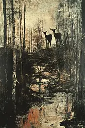 Midjourney generated image using SREF code Lurking Visions: A painting of two deer standing in the woods.