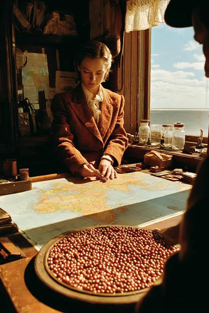Midjourney generated image using SREF code Coppermuse: A woman sitting at a table looking at a map.