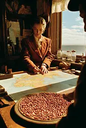 Midjourney generated image using SREF code Coppermuse: A woman sitting at a table looking at a map.