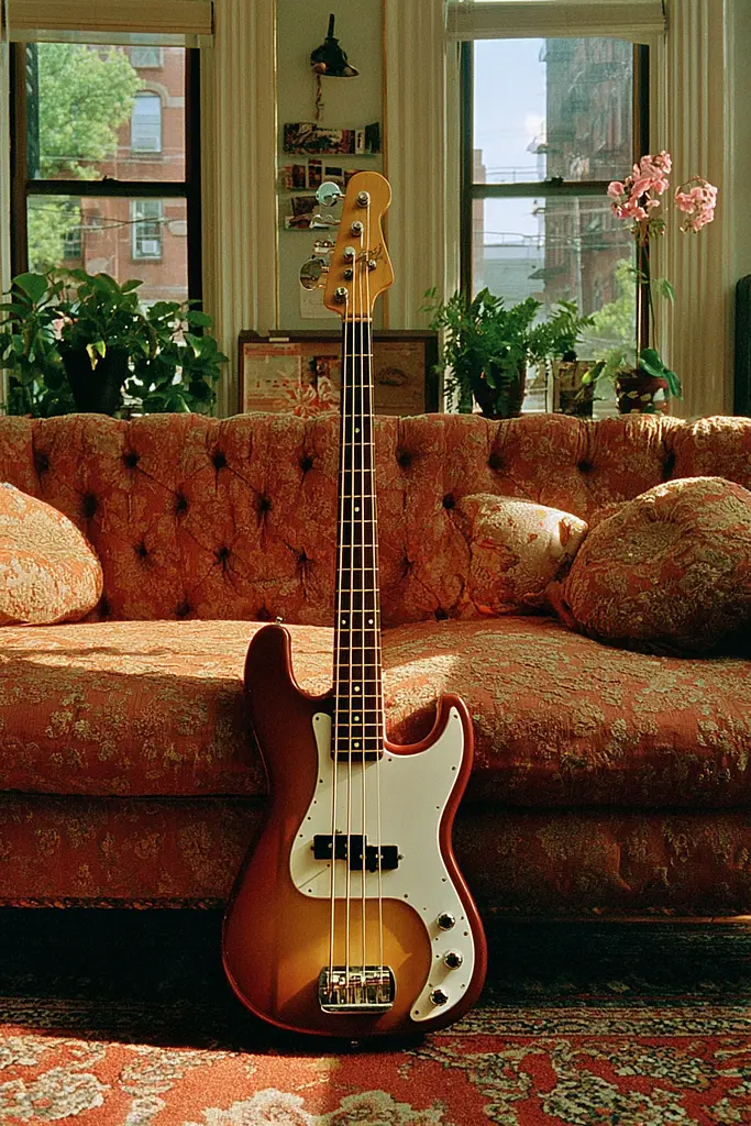 Midjourney generated image using SREF code Coppermuse: A bass guitar sitting on top of a couch in a living room.